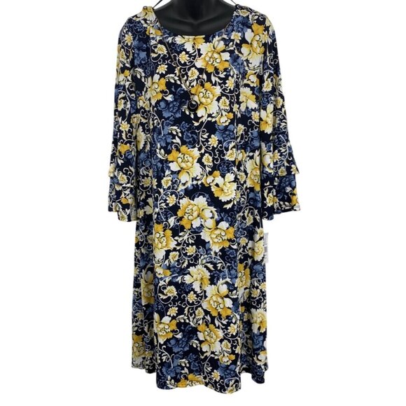 Glamour Dresses & Skirts - Glamour Women Floral Dress Size 14 Long Sleeve Blue Shift Necklace New
